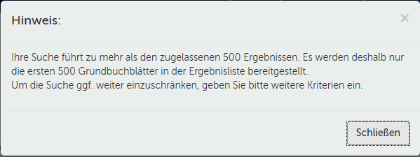 Abbildung: Warnhinweis bei Überschreitung der max. Anzahl Suchergebnisse